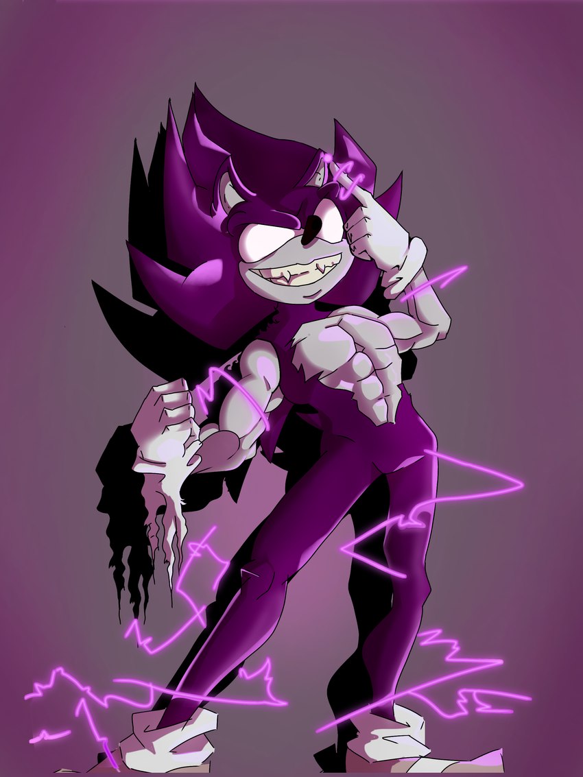 anthro black_body black_fur chaos clothing electricity evil_grin footwear fur gesture gloves grey_body grey_skin hand_gesture handwear lightning male muscular no_pupils pointing purple_body purple_lighting red_clothing red_footwear red_shoes sharp_teeth shoes smile solo teeth white_clothing white_gloves white_handwear wide_smile totally_real sega sonic_the_hedgehog_(series) dark_sonic sonic_the_hedgehog super_sonic eulipotyphlan hedgehog mammal 3:4 absurd_res full-length_portrait hi_res portrait