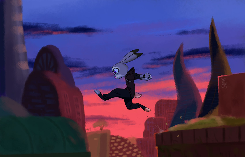 ambiguous_gender anthro building city clothed clothing cloud detailed_background dipstick_ears ear_markings fully_clothed fur grey_body grey_fur hoodie midair multicolored_ears outside parkour sky solo toeless_legwear topwear theblueberrycarrots disney zootopia judy_hopps lagomorph leporid mammal rabbit 2020 hi_res female_(lore)