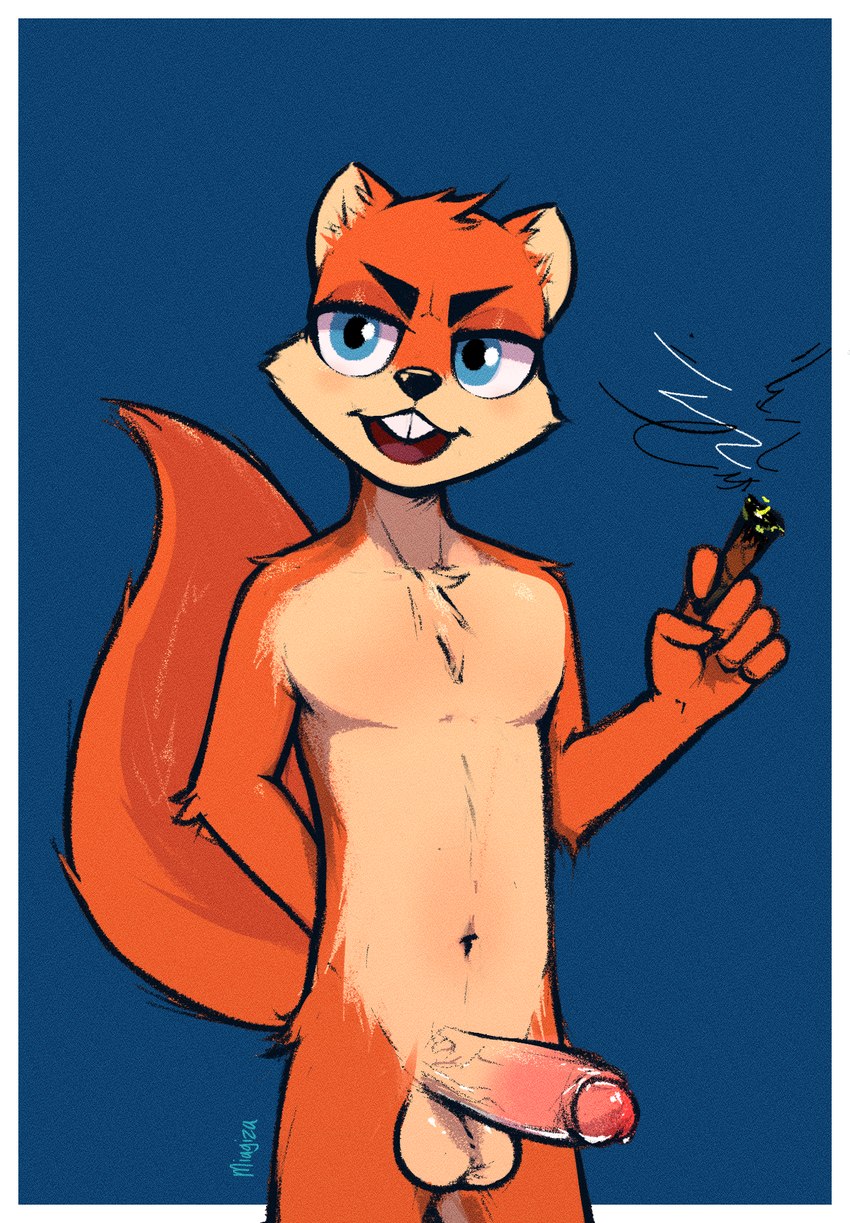 anthro balls big_balls big_penis blue_eyes cigarette erection fluffy fluffy_tail fur genitals hand_behind_back holding_cigarette holding_object humanoid_genitalia humanoid_penis looking_at_viewer male nude open_mouth penis simple_background smoke smoking solo tail teeth miagiza conker's_bad_fur_day rareware conker mammal rodent sciurid tree_squirrel digital_media_(artwork) hi_res