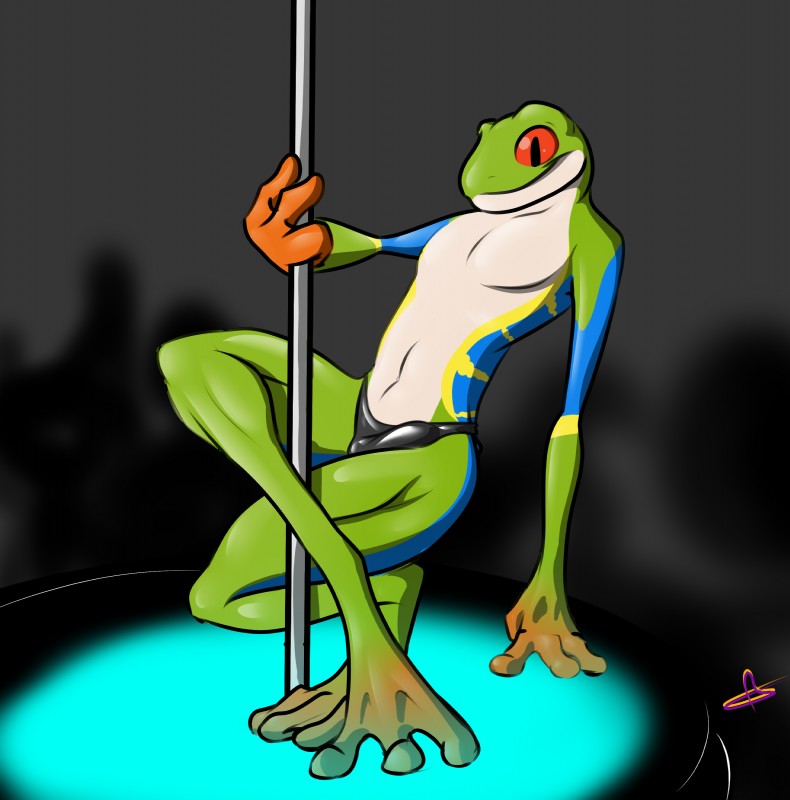 anthro bulge clothing dancing latex legs_around_pole looking_at_viewer male pole pole_dancing smile solo stripper_pole underwear kotetsu_rexen amphibian frog red-eyed_treefrog tree_frog absurd_res hi_res