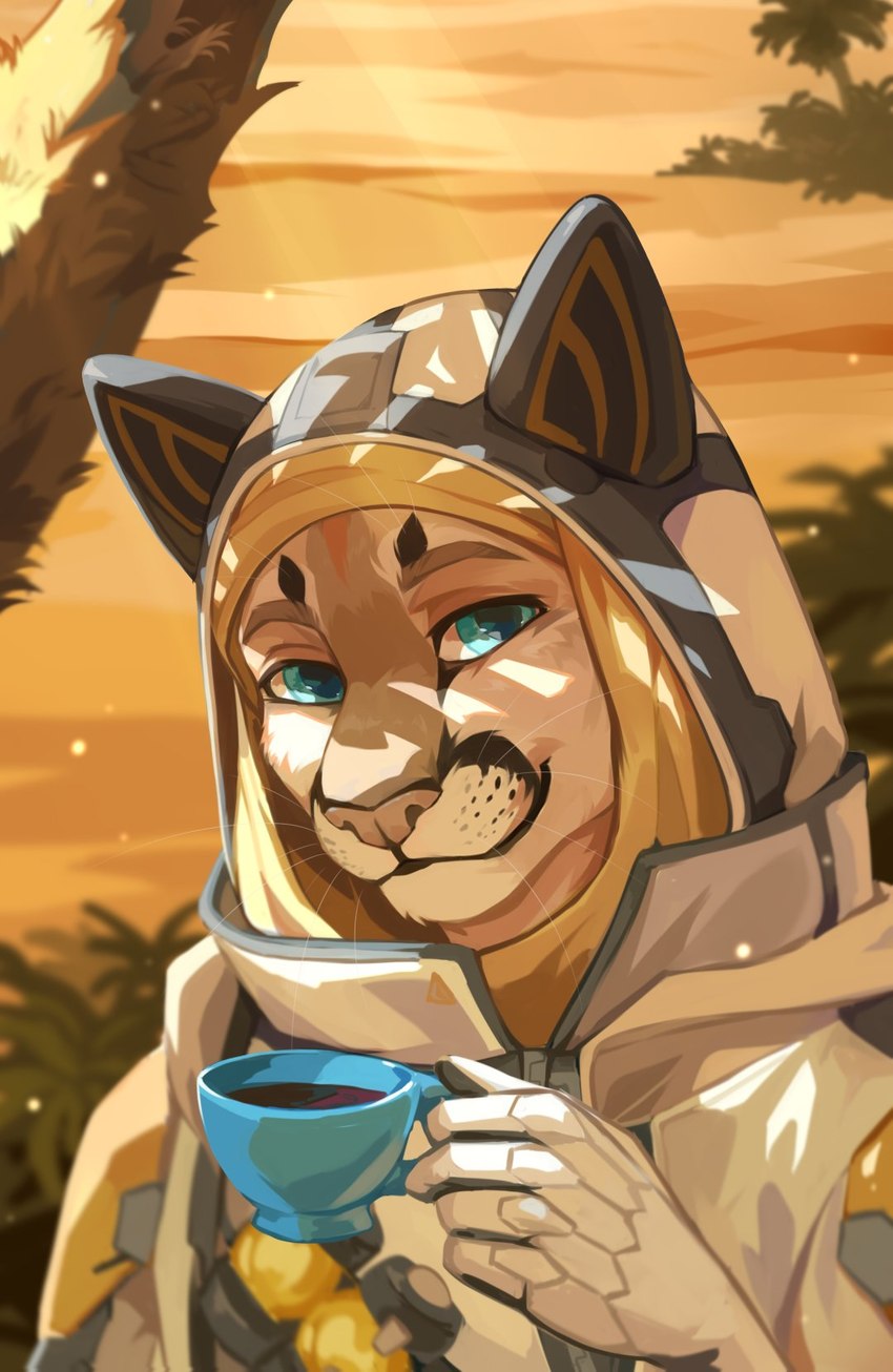 ambiguous_gender anthro blue_eyes blurred_background brown_body brown_fur closed_smile clothed clothing container cup female fur glistening glistening_eyes holding_container holding_cup holding_mug holding_object looking_at_viewer mouth_closed mug palm_tree pink_nose plant sand smile solo tan_body tan_clothing tan_fur tree unsigned whiskers yellow_clothing corzh77 blizzard_entertainment overwatch ana_(overwatch) felid mammal bust_portrait hi_res portrait