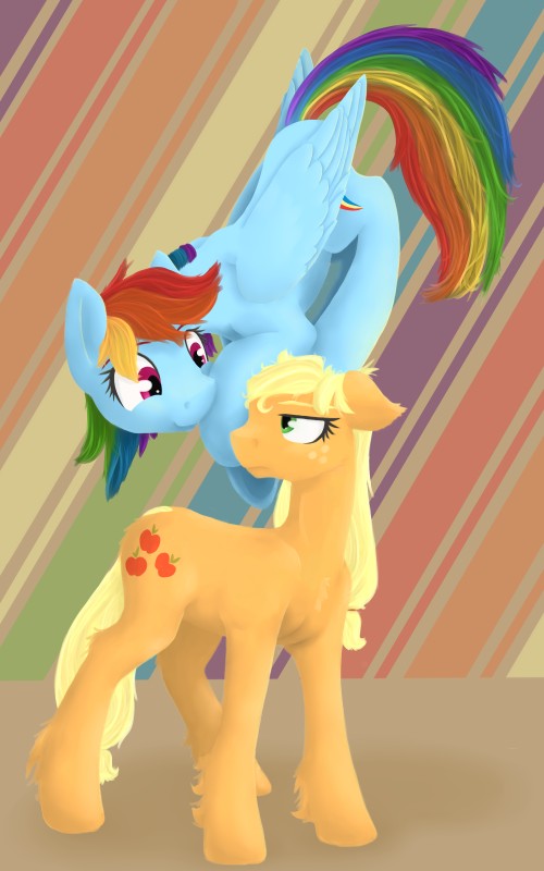 blonde_hair blue_body blue_feathers blue_fur carrying_another cutie_mark duo feathered_wings feathering feathers female freckles fur green_eyes hair multicolored_hair multicolored_tail on_head purple_eyes rainbow_hair rainbow_tail standing tail wings geomancing friendship_is_magic hasbro my_little_pony mythology applejack_(mlp) rainbow_dash_(mlp) earth_pony equid equine horse mammal mythological_creature mythological_equine pegasus pony 2014 5:8 absurd_res hi_res