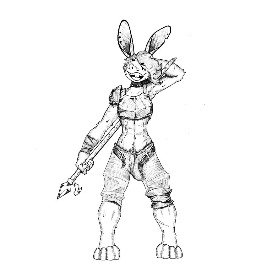 adventurer anthro armor bodily_fluids knight male scar solo sweat warrior monday_(me0wme0wman) lagomorph leporid mammal rabbit 1:1 hi_res monochrome