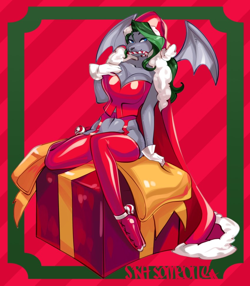 anthro back_wings big_breasts blue_eyes boots breasts candy candy_cane candy_cane_in_mouth christmas_clothing christmas_headwear christmas_present cleavage clothed clothed_anthro clothed_female clothing dessert female food footwear garter_belt garter_straps gift gloves green_hair grey_body hair handwear hat headgear headwear holidays latex latex_boots latex_clothing latex_footwear latex_legwear latex_thigh_boots latex_thigh_highs legwear long_hair membrane_(anatomy) membranous_wings red_clothing red_corset red_latex red_legwear red_thigh_boots red_thigh_highs santa_hat shoes sitting solo thigh_boots thigh_highs white_clothing white_gloves white_handwear wings srasomeone christmas shotty_the_fruit_bat bat mammal megabat 2024 hi_res