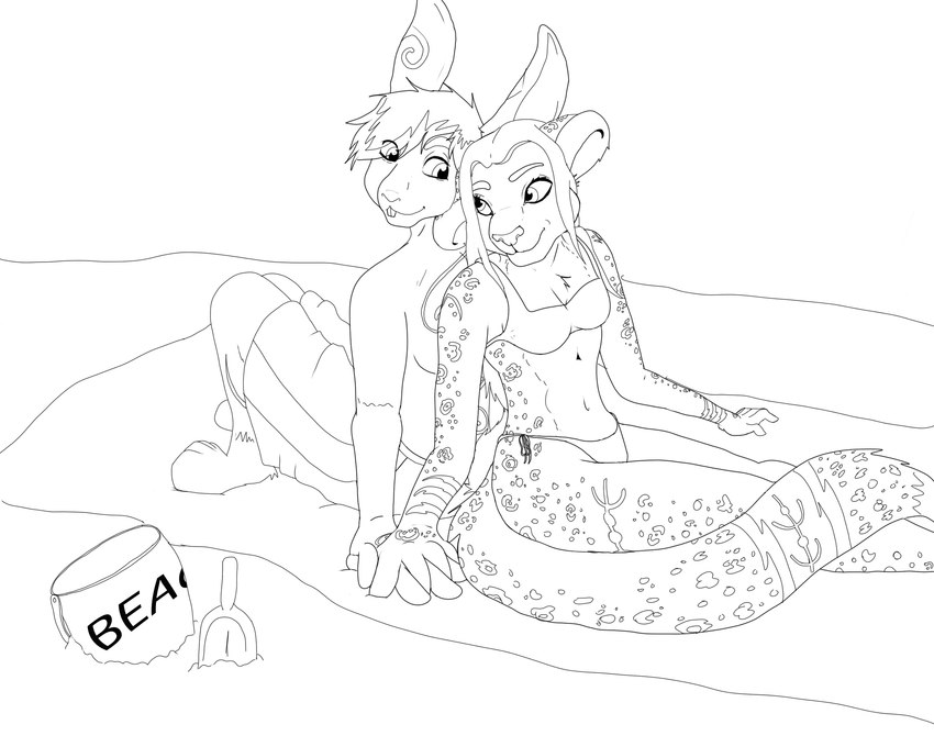 anthro back_to_back beach bikini bucket clothed clothing container duo female male seaside sitting sitting_on_ground swimming_trunks swimwear topless topless_male two-piece_swimsuit rowanzero domestic_cat felid feline felis lagomorph leopard leporid mammal pantherine rabbit 5:4 absurd_res hi_res monochrome