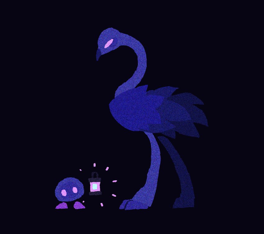 ambiguous_gender beak biped black_background blue_body blue_feathers duo feathers feral lamp lantern larger_ambiguous larger_feral purple_eyes side_view simple_background size_difference smaller_ambiguous standing zerov animal_well avian bird ostrich ratite waddling_head 2024 blue_theme colored digital_media_(artwork) digital_painting_(artwork) full-length_portrait portrait