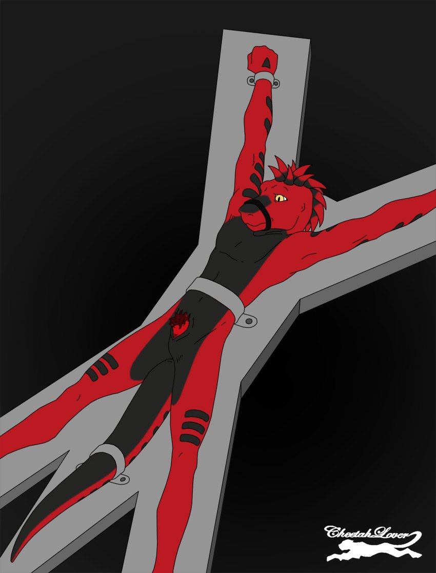 anthro black_body black_skin cock_and_ball_torture genital_mutilation genital_torture genitals gore gore_focus gradient_background logo lying male mutilation nude on_back penectomy penis red_body red_penis red_skin restraints simple_background solo worried yellow_eyes cheetahlover furx_(character) lizard reptile scalie 2011 artist_logo digital_drawing_(artwork) digital_media_(artwork)