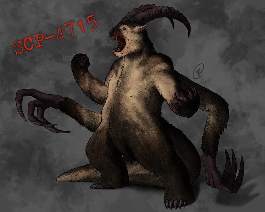 2_horns 3_claws 3_fingers 4_arms 5_claws 5_toes 7_claws 7_fingers ambiguous_gender arm_tuft bared_teeth black_body black_fur black_lips bovid_horn brown_body brown_eyes brown_fur brown_markings brown_teeth caprine_horn chest_tuft claws constricted_pupils curved_horn elbow_tuft fangs feet feral fingers front_view fur fur_tuft gloves_(marking) grey_background grey_claws grey_hands grey_horn horn horror_(theme) lips markings multi_arm multi_limb number on_hind_legs pointy_ears prick_ears pupils red_text roaring semi-anthro shadow simple_background small_pupils solo tail tan_body tan_ears tan_fur teeth text thick_tail three-quarter_view toes tuft chimericecho scp_foundation scp-4715 bovid caprine felid giant_ground_sloth ground_sloth hybrid mammal megatherium pantherine pilosan prehistoric_species sloth xenarthran 2022 absurd_res character_name clip_studio_paint_(artwork) colored digital_media_(artwork) digital_painting_(artwork) english_description full-length_portrait hi_res portrait shaded signature