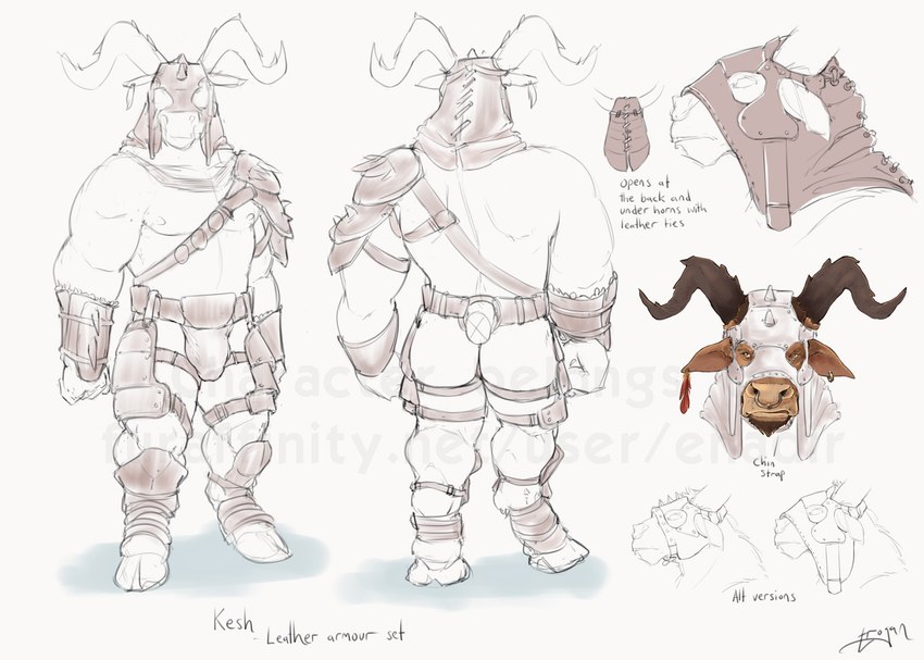 anthro armor bottomwear bulge clothing facial_piercing genitals hooves horn loincloth male muscular muscular_anthro muscular_male nipples nose_piercing nose_ring piercing ring_piercing septum_piercing septum_ring solo straps text trogan dungeons_and_dragons european_mythology greek_mythology hasbro mythology undertale undertale_(series) wizards_of_the_coast kesh_(enadir) boss_monster_(undertale) bovid bovine caprine mammal minotaur concept_art english_text hi_res sketch