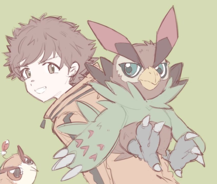 anthro beak brown_body brown_feathers brown_hair claws duo feathers feet green_eyes grin hair male smile talons toes ybhk77 bandai_namco digimon digimon_survive falcomon_(survive) minoru_hyuga avian bird digimon_(species) falcomon human mammal