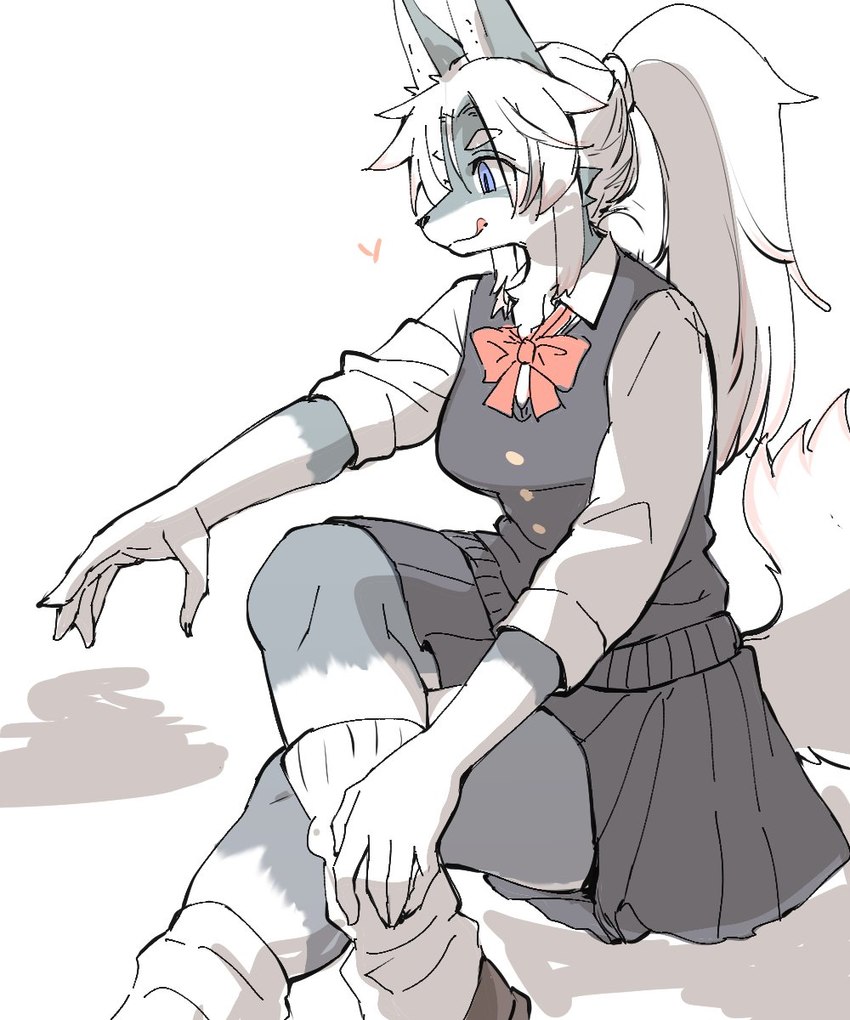 anthro blep blue_eyes bottomwear bow_tie breasts clothing female footwear fur grey_body grey_fur hair heart_symbol ponytail school_uniform simple_background sitting skirt socks solo sweater sweater_vest tongue tongue_out topwear uniform vest white_background ookamiwaho okami_bark canid canine canis mammal wolf 5:6 hi_res