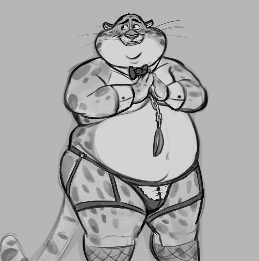 anthro belly big_belly big_cheeks blush bow_tie bulge chubby_cheeks clothing cuff_(restraint) garter_belt garter_straps handcuffs lingerie male metal_cuffs moobs navel overweight overweight_anthro overweight_male restraints simple_background solo underwear daichi_akimichi disney zootopia benjamin_clawhauser cheetah felid feline mammal 2024 monochrome