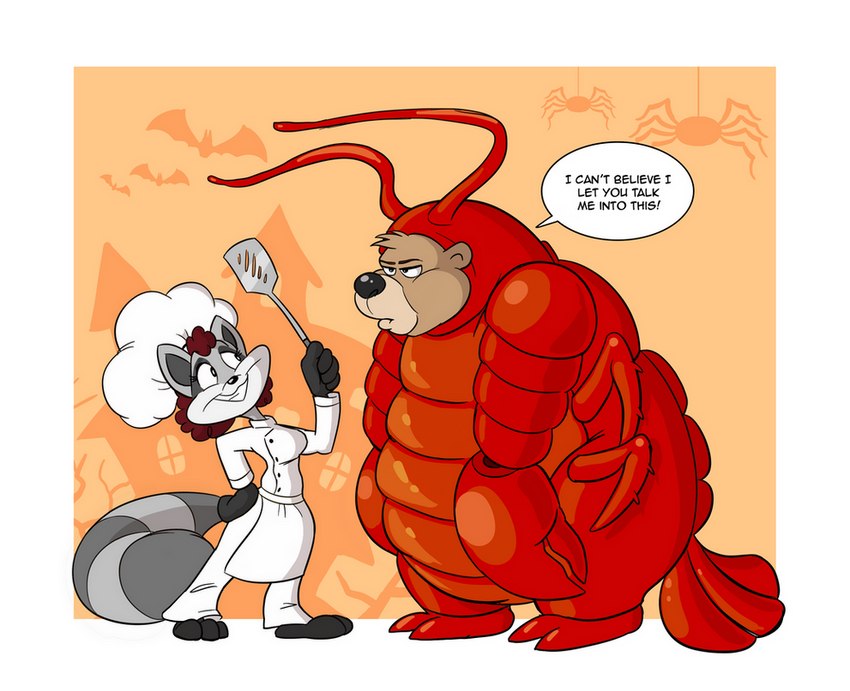 anthro chef chef_costume duo female holidays lobster_costume male male/female spatula tools belugatoons halloween chad_(belugatoons) eve_(belugatoons) arthropod bear crustacean decapoda lobster malacostracan mammal marine procyonid raccoon