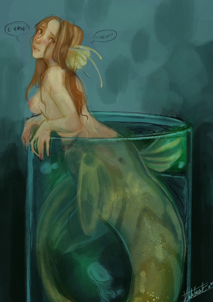 5_fingers blush bodily_fluids breasts brown_hair container dialogue female fingers green_body green_scales hair implied_transformation nipples scales simple_background solo split_form tears text water wet nakitacat humanoid marine merfolk 2018 english_text hi_res