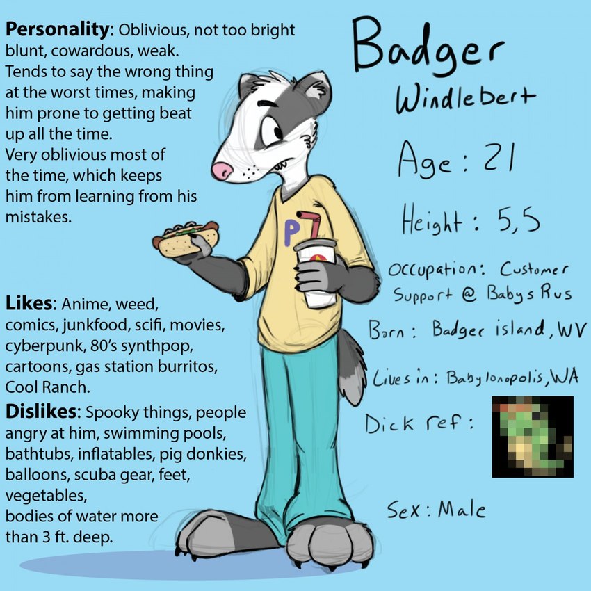 anthro barefoot beverage blue_bottomwear blue_clothing blue_pants bottomwear clothed clothing feet fur grey_body grey_fur holding_beverage holding_hot_dog holding_object looking_aside male mouth_closed pants solo standing teeth text topwear white_body white_fur yellow_clothing yellow_topwear bucklebunny badger mammal mustelid musteline 1:1 english_text full-length_portrait hi_res portrait