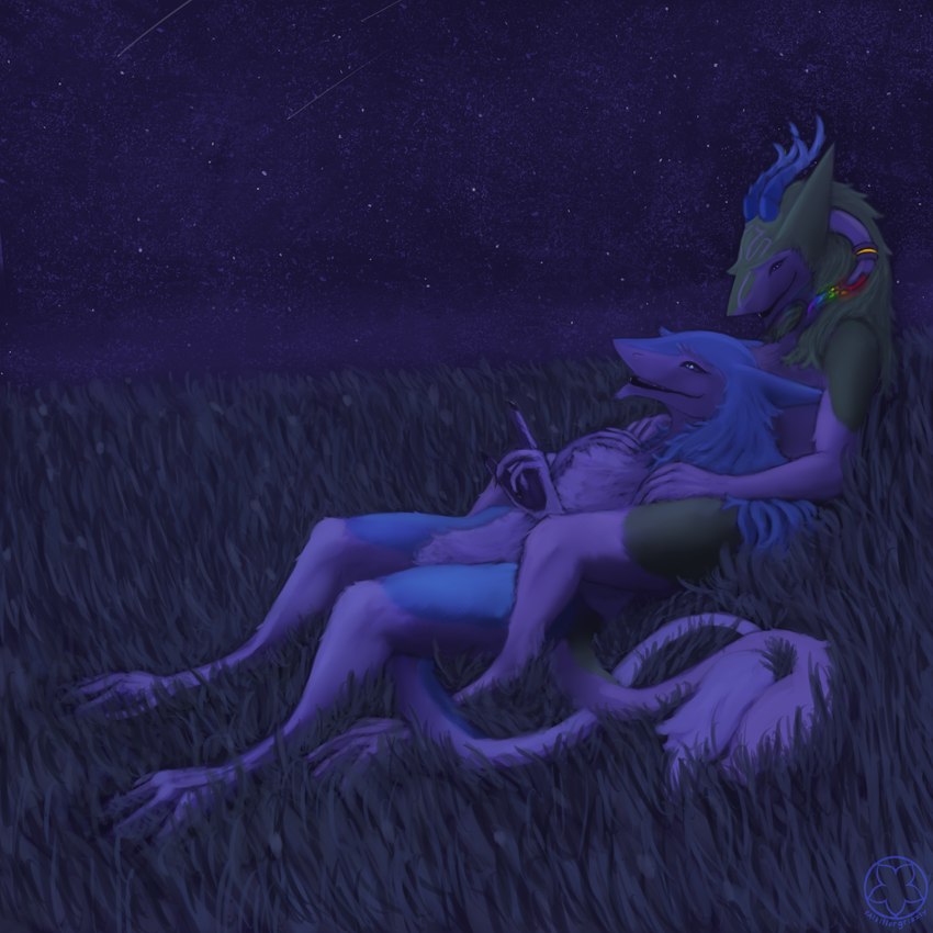 ambiguous_gender anthro blue_body blue_fur cuddling duo fur green_body green_fur horn male night shooting_star sky star starry_sky tail white_body white_fur killergrizzly lex_vasili soul_sergal sergal 1:1 absurd_res hi_res