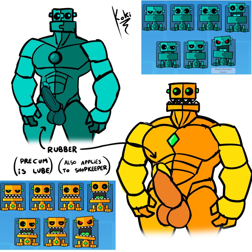 balls big_penis blue_body blue_eyes duo emerald_(gem) gem genitals green_eyes machine male muscular muscular_male not_furry orb penis scratch solo text yellow_body koki_1 geometry_dash robtop robtopgames potbor_(geometry_dash) scratch_(geometry_dash) humanoid robot robot_humanoid 1:1 absurd_res english_text hi_res