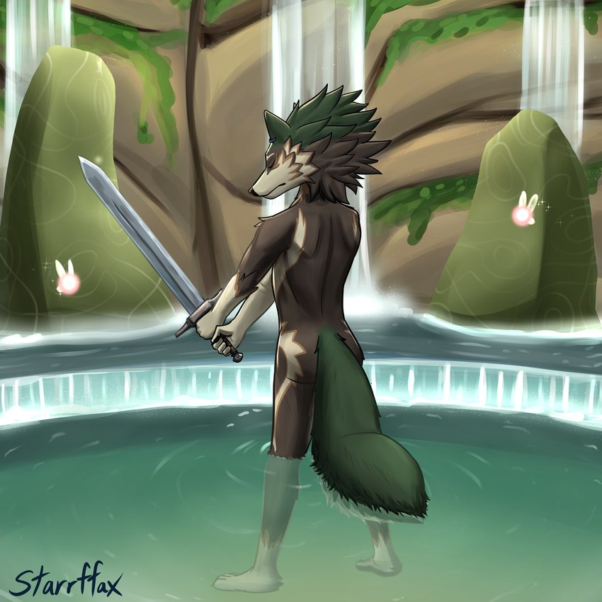 5_fingers anthro anthrofied brown_body butt day eyes_closed feet fingers fluffy fluffy_tail fountain green_hair green_tail hair holding_melee_weapon holding_object holding_sword holding_weapon legs_in_water male meditation melee_weapon moss nude outdoor_nudity outside partially_submerged plant plantigrade rear_view ripples rock slim solo standing sword tail water waterfall weapon white_arms white_feet starrffax nintendo the_legend_of_zelda twilight_princess link_(wolf_form) canid canine canis fairy mammal wolf 1:1 absurd_res artist_name hi_res