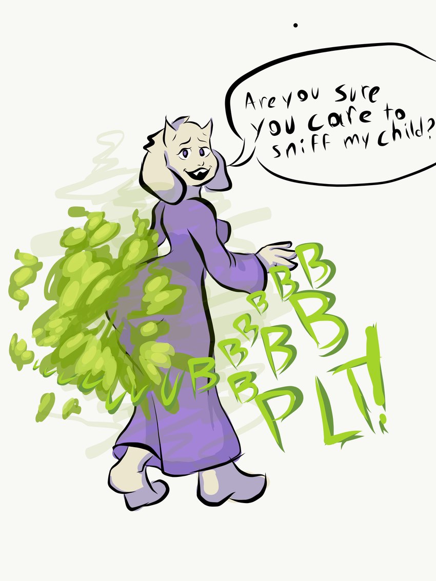 anthro asking black_text black_text_border brap breasts clothing dialogue exclamation_point fangs fart fart_cloud fart_fetish feet female fur green_fart_cloud green_text horn onomatopoeia open_mouth purple_clothing purple_eyes purple_robe question question_mark robe simple_background solo sound_effects stink_fumes stink_lines teeth text white_background white_body white_feet white_fur white_hands white_horn weirdparty undertale_(series) toriel boss_monster_(undertale) bovid caprine goat mammal 2019 3:4 hi_res