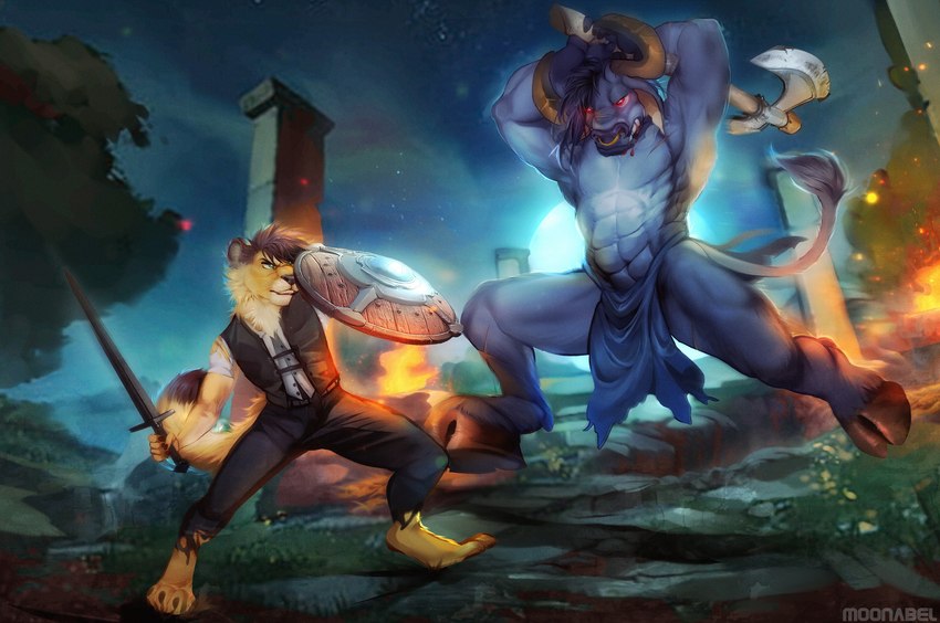 anthro axe battle battle_axe clothed clothing detailed_background duo fight fire fur green_eyes hair holding_object holding_weapon male markings melee_weapon muscular night outside plant red_eyes shield sky spots spotted_body spotted_fur standing sword weapon moonabel european_mythology greek_mythology mythology cole_(cole_rs) amur_leopard bovid bovine felid feline felis leopard mammal minotaur pantherine 2022 digital_media_(artwork) hi_res