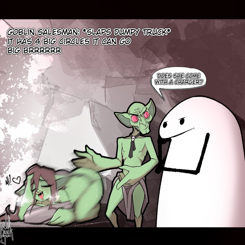 aroused big_breasts breasts cave facial_piercing female green_body group heart_symbol male mature_female necktie nose_piercing nose_ring piercing ring_piercing salesman septum_piercing septum_ring text vibrating da3rd florkofcows_(copyright) ana_(da3rd) goblin humanoid 1:1 absurd_res english_text hi_res