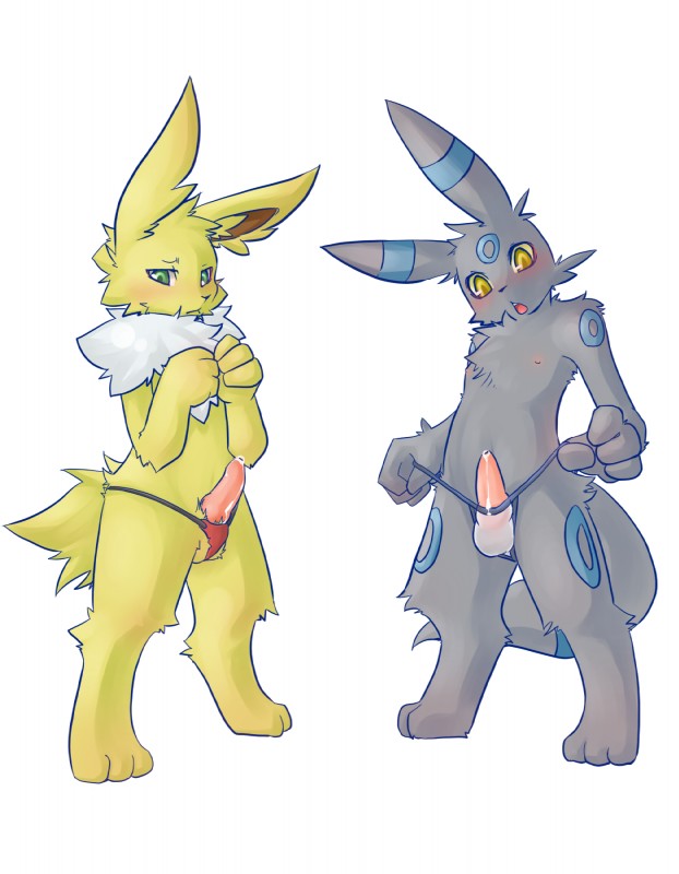 animal_genitalia anthro balls blush chest_tuft clothing duo erection fur genitals green_eyes knot male male/male neck_tuft open_mouth penis pokemorph simple_background tail thong tuft underwear white_background yellow_eyes kosian nintendo pokemon eeveelution generation_1_pokemon generation_2_pokemon jolteon pokemon_(species) shiny_pokemon umbreon hi_res