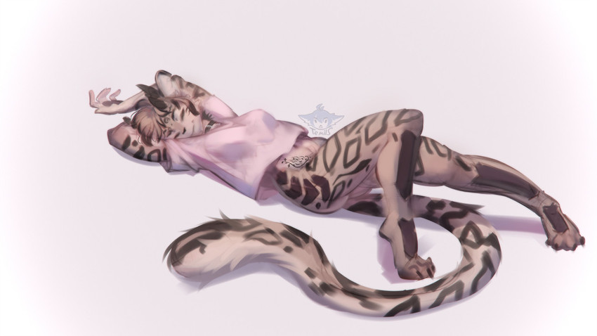 anthro bottomless clothed clothing female hands_behind_head horn lying on_back oversized_clothing pink_clothing pink_shirt pink_topwear shirt solo spots stripes tail tattoo tired topwear temils sya_ruusa dire_leopard 16:9 widescreen