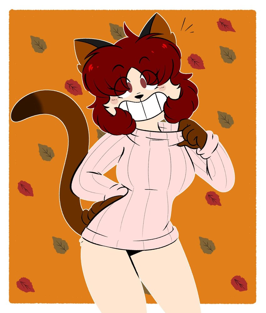 4_fingers anthro autumn autumn_leaves bangs bar_emanata bean_mouth black_ears black_emanata black_markings black_nose border bottomless bottomless_anthro bottomless_female breasts brown_inner_ear brown_markings brown_tail cat_tail cheek_tuft clothed clothing collar collar_pull contrapposto dipstick_tail emanata eye_through_hair eyebrow_through_hair eyebrows eyelashes eyelashes_through_hair facial_tuft female fingers fur gloves_(marking) hair hand_on_hip happy hip_tuft leaf leaf_background long_tail looking_at_viewer markings no_pupils open_mouth open_smile orange_background outline partially_clothed partially_clothed_anthro partially_clothed_female pink_clothing pink_sweater pink_topwear pointy_ears prick_ears red_eyes red_hair simple_background smile solo sweater sweater_only tail tail_markings tan_tuft topwear topwear_only translucent translucent_hair tuft white_border white_outline kabula_(artist) priscilla_(kabula) domestic_cat felid feline felis mammal 2019 colored digital_drawing_(artwork) digital_media_(artwork) hi_res