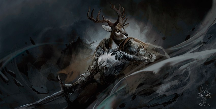 anthro antlers armed armor broad_shoulders brown_body brown_eyes brown_fur cape clothing fur gauntlets gloves handwear horn inner_ear_fluff looking_into_the_distance male melee_weapon solo stylized_background sword tuft weapon sovka ruscal cervine deer mammal 2023 digital_drawing_(artwork) digital_media_(artwork) hi_res signature