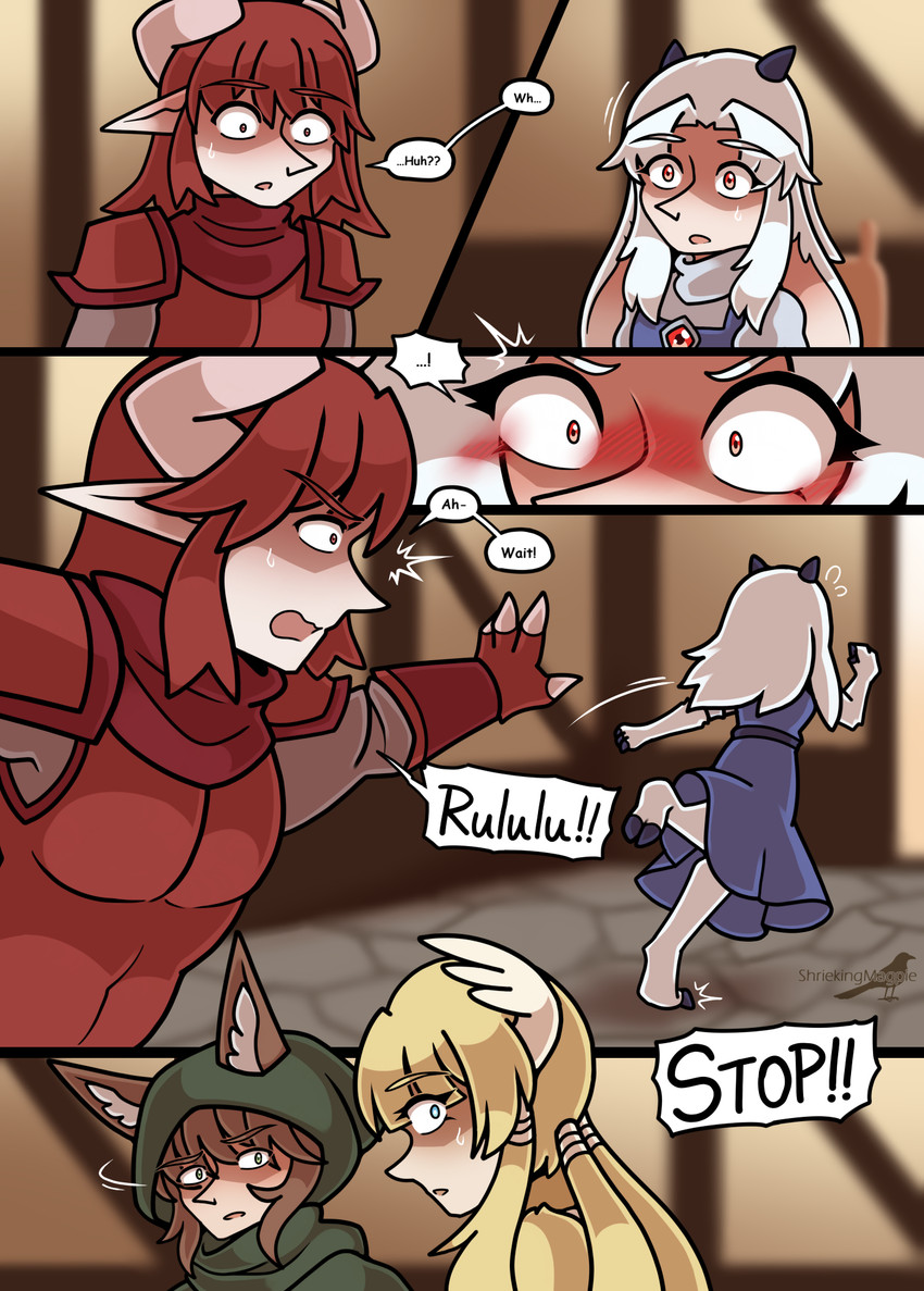 animal_ears blush blush_lines bodily_fluids clawed_hands dialogue female group hair head_wings horn humanoid_pointy_ears inside male monster_girl_(genre) open_mouth pointy_ears red_eyes red_hair simple_background sweat sweatdrop text unusual_wing_placement wings shriekingmagpie horned_humanoid humanoid winged_humanoid comic digital_media_(artwork) english_text hi_res