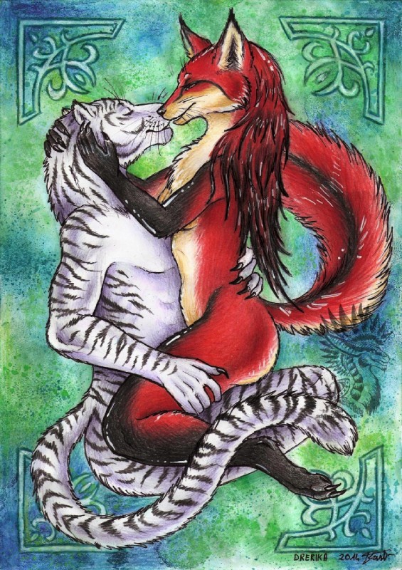 anthro arm_around_waist arms_bent back_grab bent_arm bent_legs border claws duo eyes_closed female from_front_position fur hand_on_back hand_on_face hand_on_leg hand_on_neck hand_on_thigh hug interspecies leg_grab love male male/female markings mastery_position monogamy neck_grab nude raised_hand romantic romantic_couple sex shapeshift striped_body striped_fur striped_markings striped_tail stripes tail tail_markings thigh_grab toe_claws touching_face whiskers drerika anna_(vixendra) tom_(tomsshape) canid canine felid fox mammal pantherine red_fox tiger true_fox 2014 hi_res signature traditional_media_(artwork)