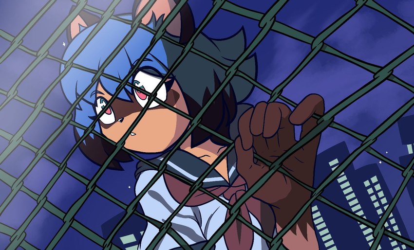 anthro blue_hair building countershade_hands countershading female gate hair looking_at_another night screenshot_redraw solo blackmore brand_new_animal kill_la_kill studio_trigger michiru_kagemori canid canine mammal raccoon_dog tanuki