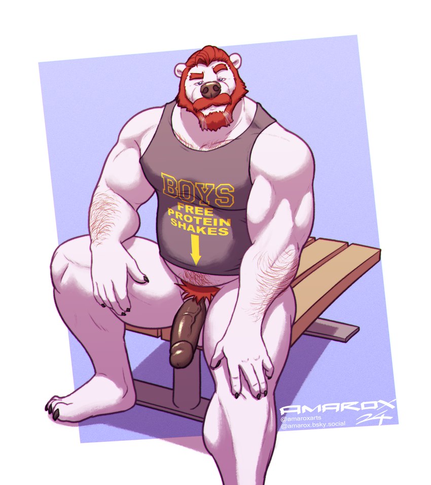 anthro arm_hair beard bench body_hair bottomless bottomless_male clothed clothing eyebrows facial_hair genitals hair half-erect humanoid_genitalia humanoid_penis looking_at_viewer looking_up male musclegut muscular mustache on_bench penis pubes pubes_exposed raised_eyebrow red_hair shirt sitting sitting_on_bench solo tank_top topwear amarox rodric_(amarox) bear mammal polar_bear ursine digital_drawing_(artwork) digital_media_(artwork) hi_res