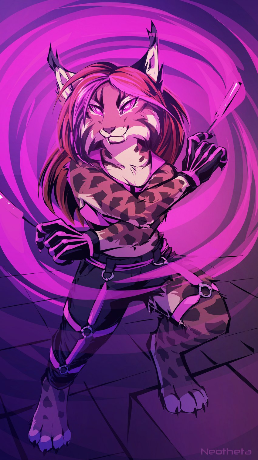 anthro breasts clothed clothing eyebrows eyelashes female fur markings solo spots spotted_body spotted_fur neotheta zaide_(ashkelling) felid feline lynx mammal 2021 9:16 digital_media_(artwork) hi_res