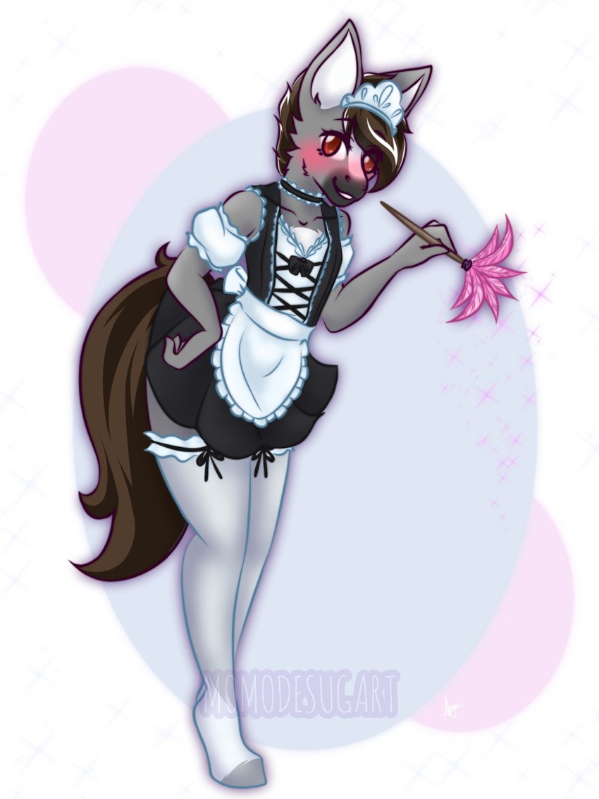 anthro big_ears blush brown_eyes brown_hair choker cleaning_tool clothing feather_duster femboy fur grey_body grey_fur hair hooves jewelry legwear looking_at_viewer maid_uniform male markings necklace simple_background solo stockings uniform white_markings momodesugart dallas_prairiewind equid equine horse mammal 3:4 hi_res