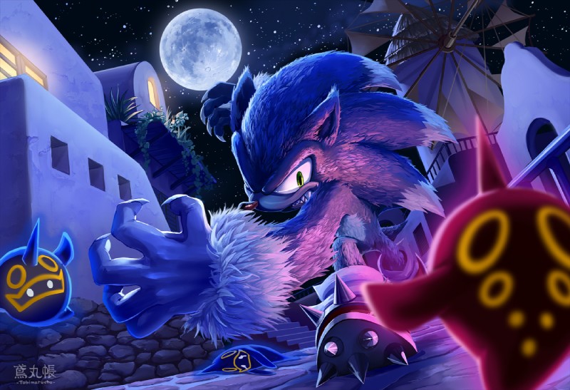 angry anthro black_nose blue_body blue_fur bodily_fluids claws clothing detailed_background footwear fur gloves green_eyes group handwear horn light male moon moonlight night plant spikes star tears teeth white_body white_fur トビ丸小夏 sega sonic_the_hedgehog_(series) sonic_unleashed sonic_the_hedgehog sonic_the_werehog dark_gaia_minion eulipotyphlan ghost hedgehog mammal spirit were wereeulipotyphlan werehog detailed signature