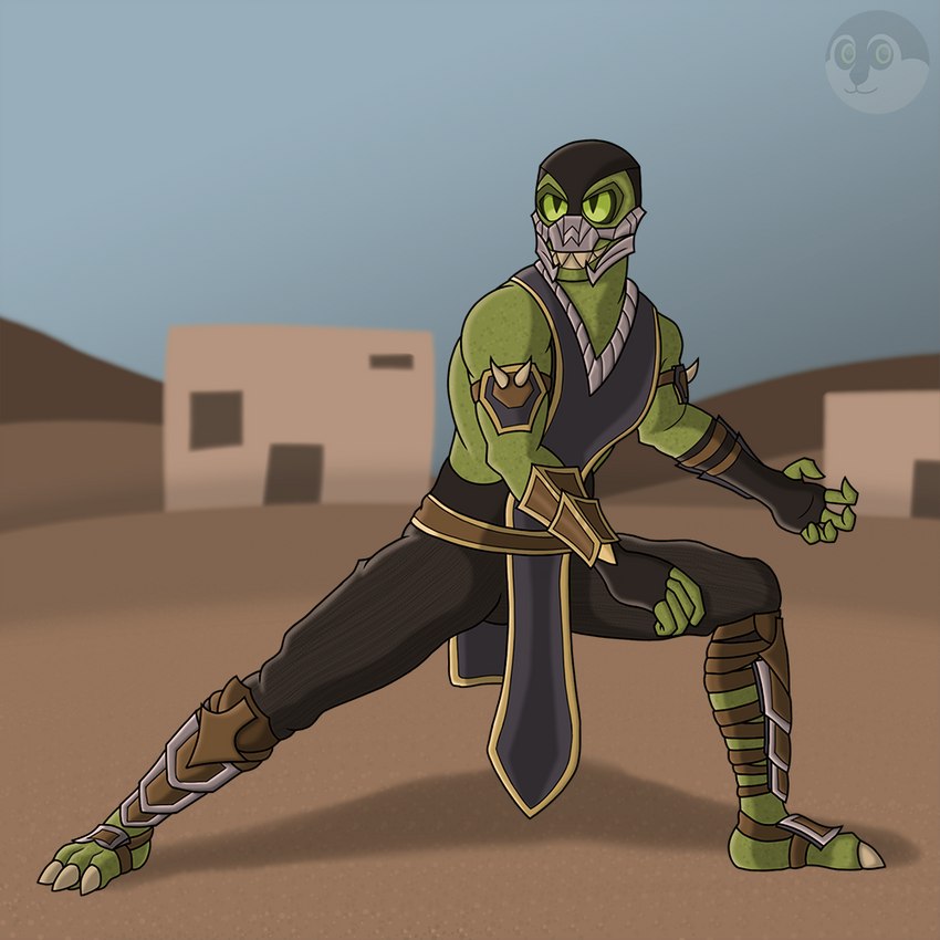 3_toes 5_fingers anthro armor barefoot claws clenched_teeth clothed clothing desert faceplate feet fingers gloves green_body green_eyes handwear male pupils sand slit_pupils solo teeth toe_claws toes thehuskyk9_(artist) mortal_kombat reptile_(mortal_kombat) lizard reptile saurian_(mortal_kombat) scalie 1:1 2021