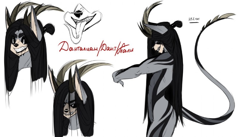 black_hair black_sclera bodily_fluids claws creepy drooling fangs femboy fur grey_body grey_eyes grey_fur grin hair horn long_hair long_tail long_tongue looking_at_viewer male nude open_mouth saliva smile solo tail teeth thick_thighs tongue villainous wide_hips biowolfmlya demon