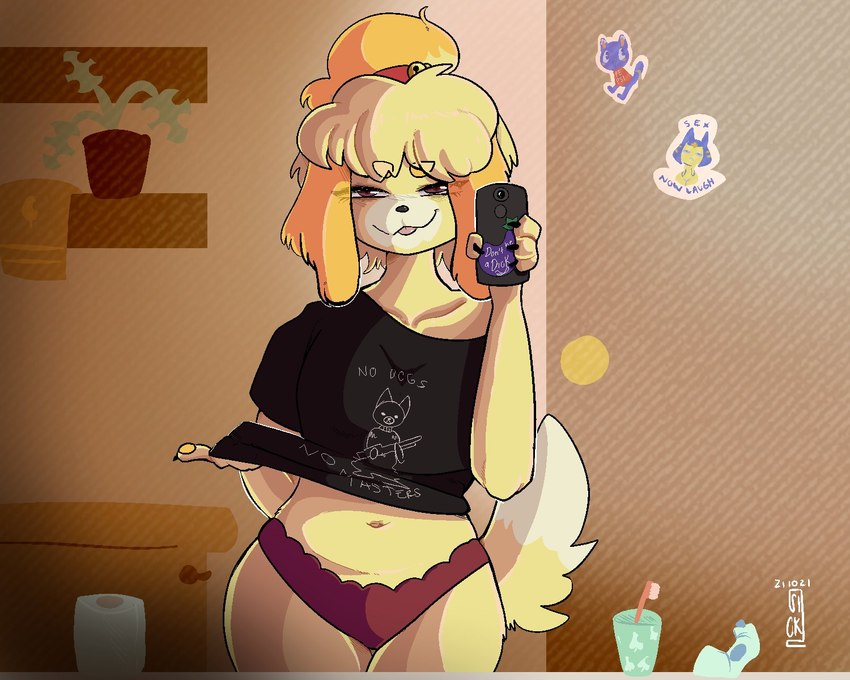 anthro bathroom bed_hair black_clothing black_shirt black_topwear blep cellphone clothed clothing clothing_lift electronics female front_view fur holding_object holding_phone mirror_selfie panties phone selfie shirt shirt_lift solo standing t-shirt text tongue tongue_out topwear underwear yellow_body yellow_fur sickbelle animal_crossing nintendo isabelle_(animal_crossing) canid canine canis domestic_dog mammal shih_tzu toy_dog 2021 5:4 english_text hi_res portrait three-quarter_portrait