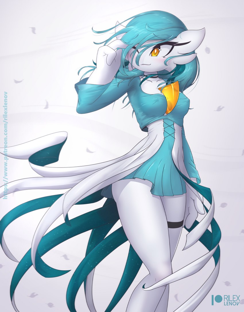 blush breasts chest_spike female not_furry one_eye_closed solo spikes spikes_(anatomy) wind yellow_eyes rilex_lenov nintendo pokemon linna_(rilex_lenov) gardevoir generation_3_pokemon pokemon_(species) shiny_pokemon hi_res