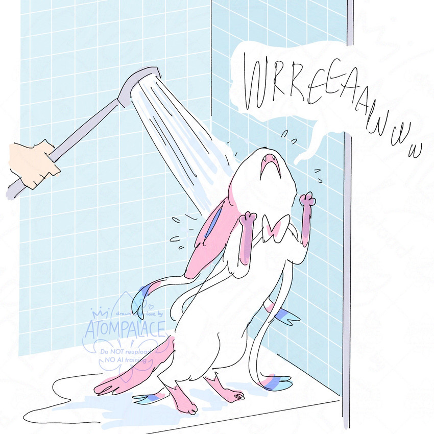 ambiguous_gender bathing feral fur pink_body pink_fur shower showering solo water white_body white_fur atompalace nintendo pokemon eeveelution generation_6_pokemon pokemon_(species) sylveon 1:1 colored_sketch hi_res sketch
