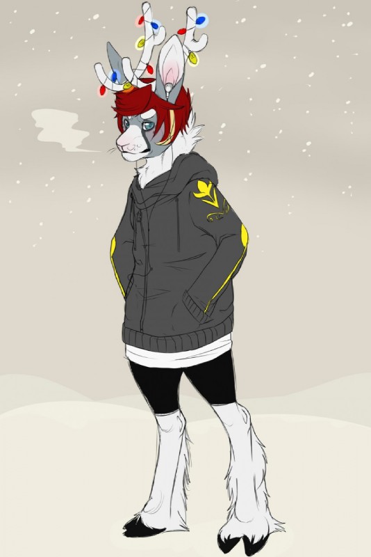 anthro antlers blue_eyes blush bottomwear christmas_lights clothed clothing earbuds electronics fur grey_body grey_fur hair headphones holidays hoodie hooves horn looking_at_viewer male outside pink_nose red_hair short_hair shorts snow snowing solo topwear white_body white_fur achromatic christmas achromatic_(character) deer hybrid jackalope lagomorph mammal new_world_deer reindeer 2014 hi_res