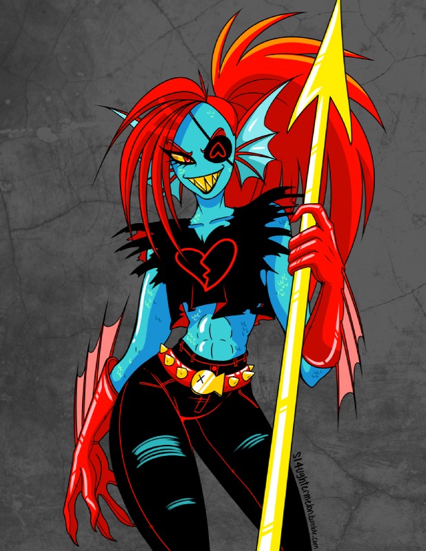 5_fingers abs alternate_universe anthro belt blue_body blue_scales bottomwear clothing ear_fins eye_patch eyewear female fin fingers front_view gloves hair handwear holding_object holding_weapon long_hair looking_at_viewer melee_weapon midriff pants polearm red_eyes red_hair scales sharp_teeth shirt smile solo spear teeth topwear torn_clothing weapon yellow_sclera sl4ughtermelon underfell undertale undertale_(series) undyne_(underfell) fish marine cel_shading hi_res shaded