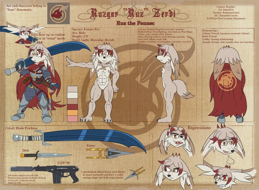 amber_eyes armor cape chest_tuft clothing dagger emblem gun inner_ear_fluff katar knife knight long_ears male melee_weapon muscular ranged_weapon ruz_the_fennec safe_nudity short sword text tuft warrior weapon sonomatic canid canine fennec_fox fox mammal true_fox english_text hi_res model_sheet