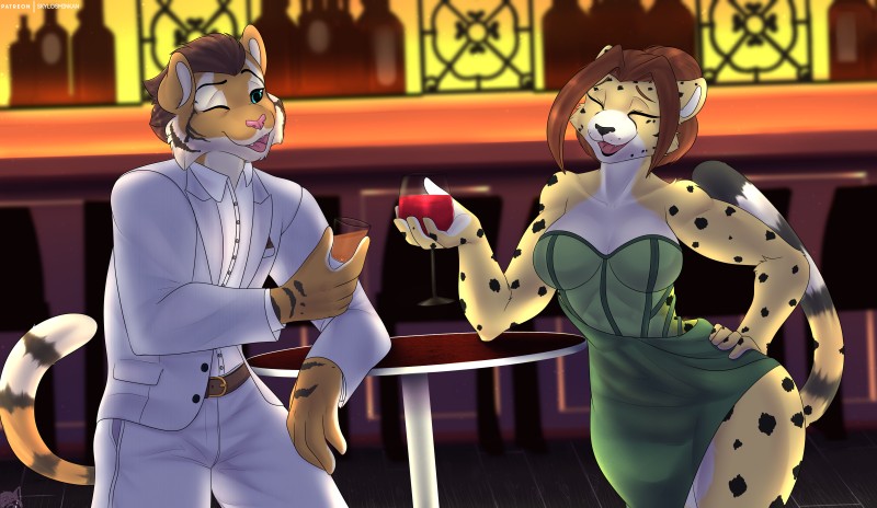 abs alcohol anthro bar beverage breasts clothed clothing dress duo female male skylosminkan duke_(wrestlercheetah) mia_amaya cheetah felid feline mammal pantherine tiger absurd_res digital_media_(artwork) hi_res shaded