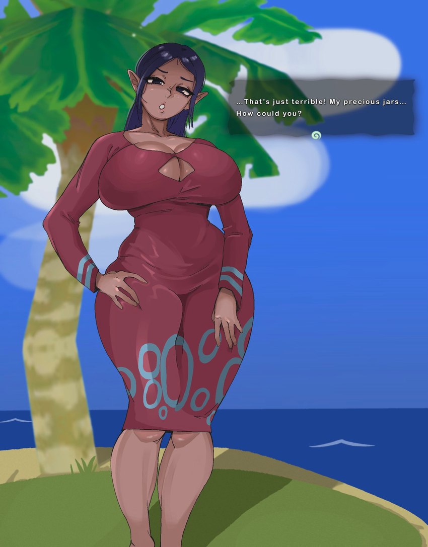 big_breasts blue_eyes blue_hair breasts cleavage clothed clothing dark_body dark_skin dialogue dress eyelashes female hair hand_on_hip huge_breasts humanoid_pointy_ears island looking_at_viewer not_furry palm_tree pink_clothing pink_dress plant pointy_ears sea solo talking_to_viewer text text_box thick_thighs tree water wide_hips sunzo05 nintendo the_legend_of_zelda wind_waker sue-belle humanoid hylian english_text hi_res