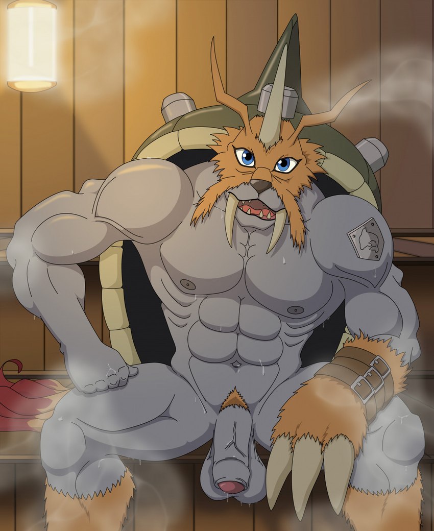 abs animal_skin anthro balls bodily_fluids flaccid foreskin genitals male muscular muscular_anthro muscular_male nipples nude pecs penis pubes sauna solo steam sweat tusks mcallahan bandai_namco digimon digimon_(species) zudomon hi_res