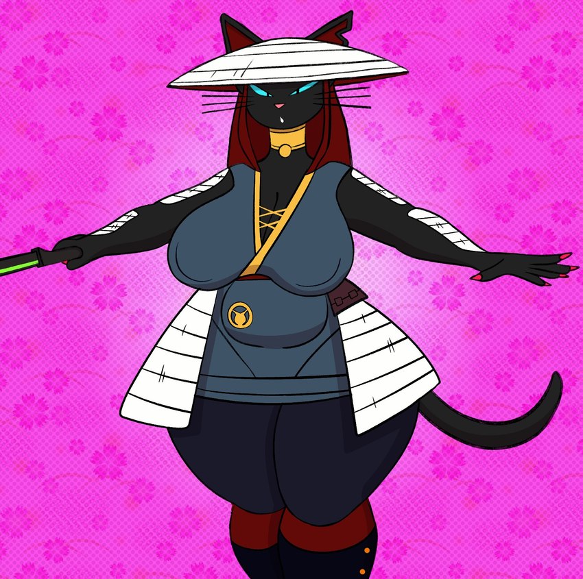 anthro armor belly_outline big_breasts black_body blue_sclera breasts clothed clothing female hat headgear headwear katana melee_weapon nipple_outline pink_background pink_nose red_inner_ear samurai_armor simple_background solo sword tail weapon whiskers wide_hips mechaclank fortnite_concept_skin domestic_cat felid feline felis mammal hi_res