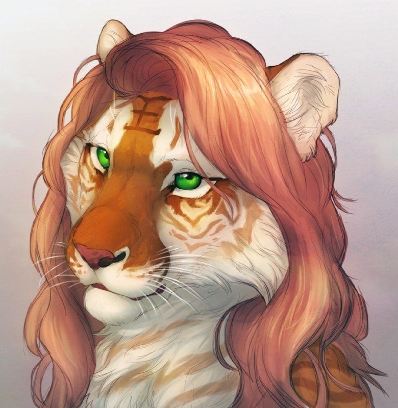 ambiguous_gender fluffy hair long_hair looking_at_viewer pink_hair solo whiskers bearlyfeline mei_chengse felid mammal pantherine tiger headshot_portrait portrait