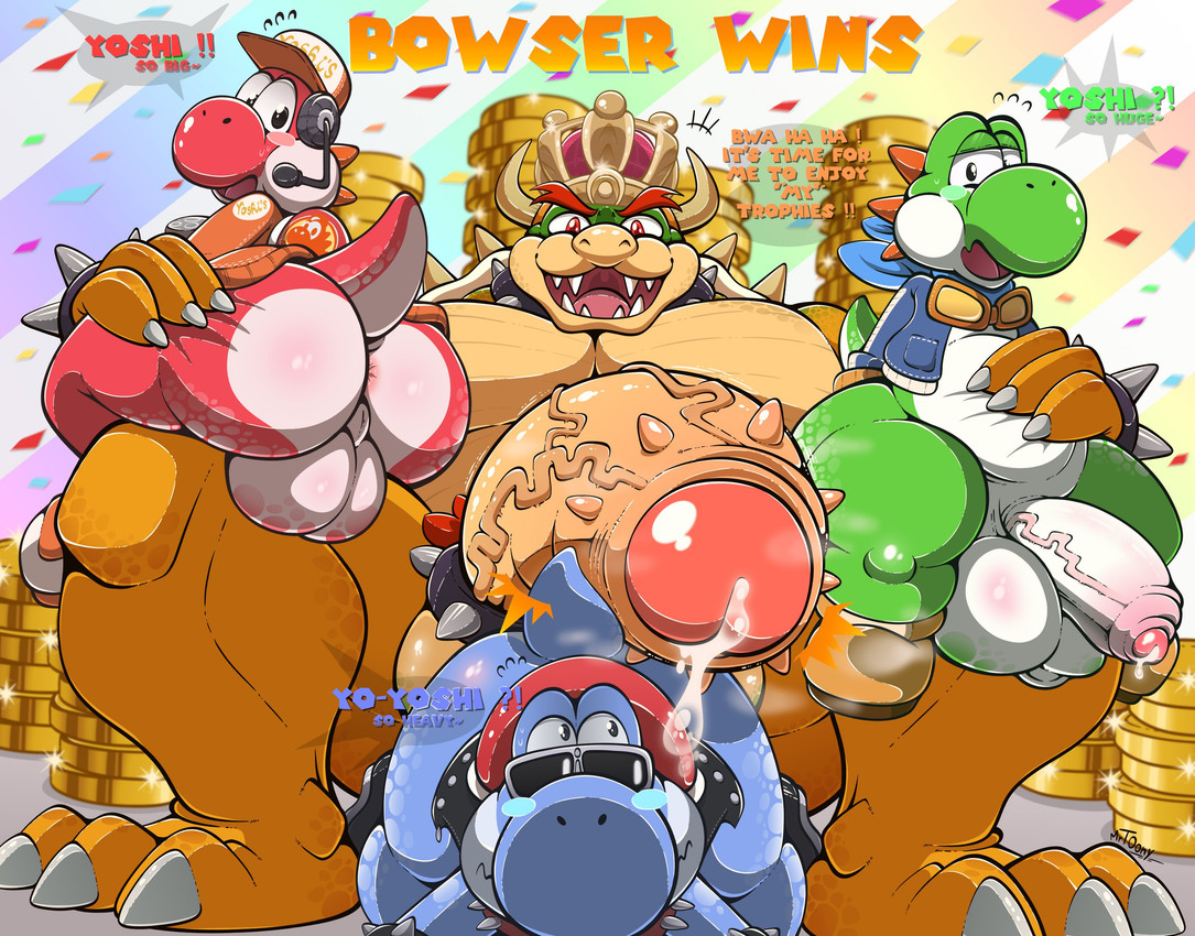 accessory anthro anus balls baseball_cap big_balls big_butt big_penis blue_body blue_scales bodily_fluids boots bottomless bottomless_anthro bottomless_male bracelet butt cheek_spots clothed clothing cock_ring coin collar crown curved_horn dialogue dripping erection eyewear fangs footwear genital_fluids genitals goggles goggles_around_neck gold_(metal) gold_coin green_body green_scales group half-closed_eyes hat headgear headwear horn huge_balls huge_butt huge_penis humanoid_genitalia humanoid_penis jacket jewelry male muscle_tone musclegut muscular muscular_anthro muscular_male narrowed_eyes nervous open_clothing open_jacket open_mouth open_smile open_topwear pecs penis penis_accessory penis_jewelry perineum precum precum_drip precum_string red_body red_scales scales shell shoes slightly_chubby slightly_chubby_anthro slightly_chubby_male smile speech_bubble spiked_bracelet spiked_cock_ring spiked_collar spiked_shell spikes spikes_(anatomy) sunglasses tan_body tan_scales teeth text thick_thighs topwear vein veiny_penis white_body white_scales wide_eyed wide_hips yellow_body yellow_scales mrt0ony mario_bros mario_kart_world mythology nintendo bowser yoshi_(biker) yoshi_(food_slinger) yoshi_(touring) blue_yoshi dinosaur dragon dragon_koopa green_yoshi koopa mythological_creature mythological_scalie prehistoric_species red_yoshi reptile scalie turtle yoshi absurd_res english_text hi_res